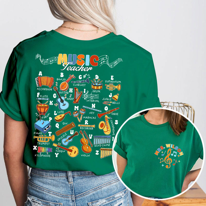 Personalized Music Teacher's Name Musical Instrument Icons Teacher Two Sided T-Shirt