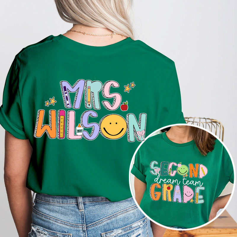 Personalized Teacher's Name And Grade Smiley Apple Icon Teacher Two Sided T-Shirt