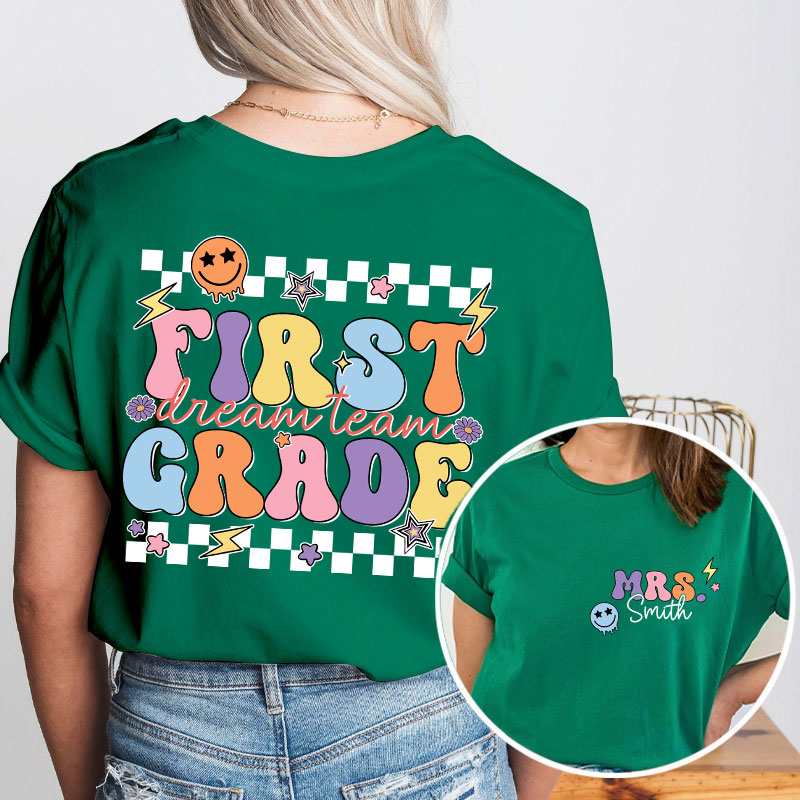 Personalized Teacher's Name And Grade Smiley Face Print Teacher Two Sided T-Shirt