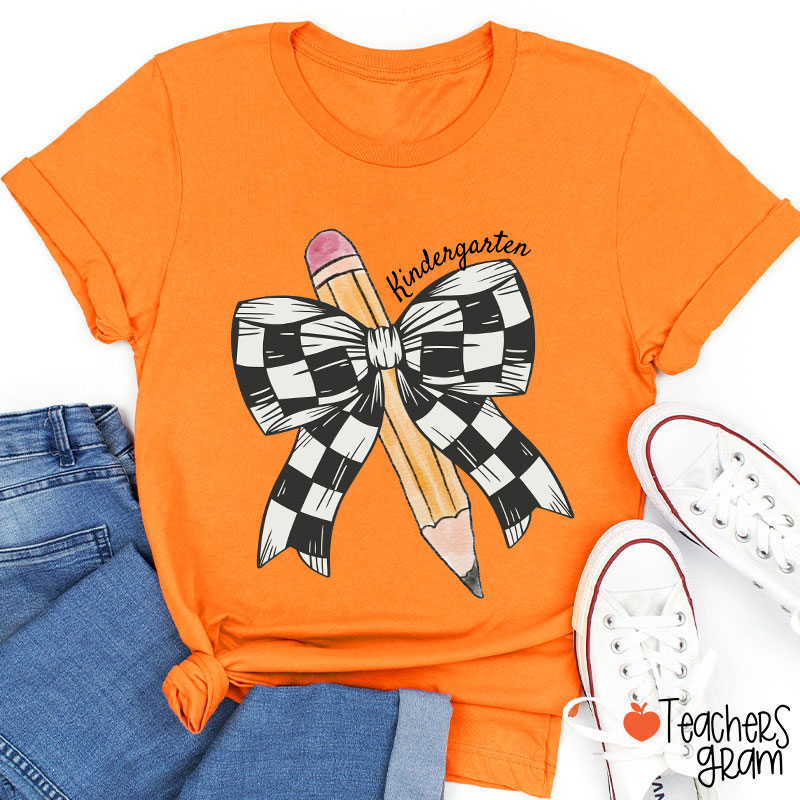 Personalized Grade Checkered Bow Pencil Teacher T-Shirt