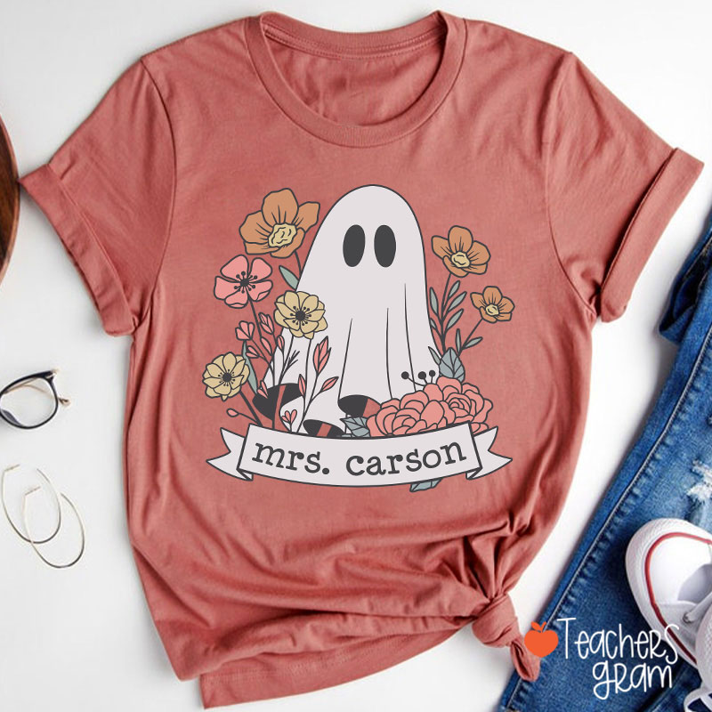 Personalized Name Floral Ghost Teacher T-Shirt