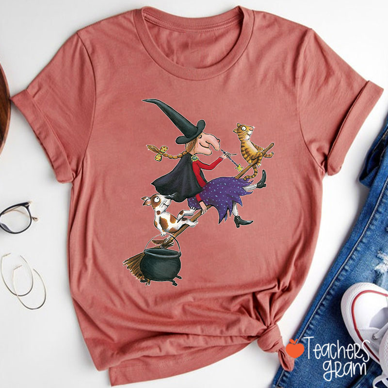 Witch Dog Cat Dark Gothic Halloween Teacher T-Shirt