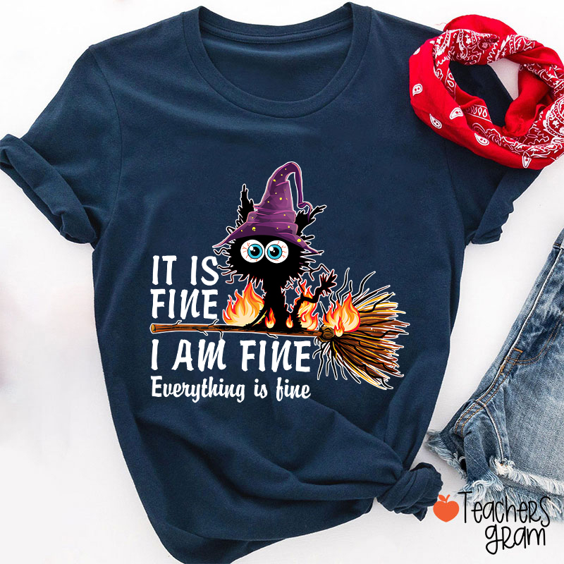 It Is Fine I Am Fine Everything Is Fine Halloween Broom Cat Teacher T-Shirt