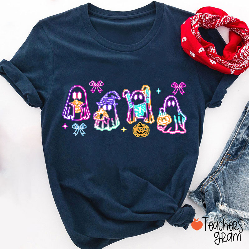 Colorful Neon Ghost Pumpkin Teacher T-Shirt