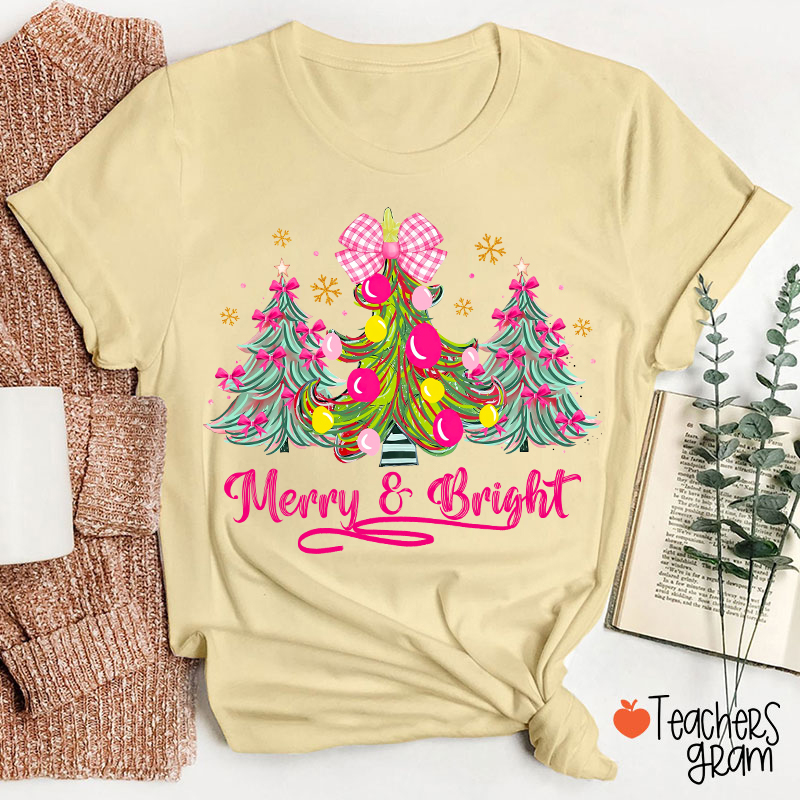 Fantasy Bow Christmas Tree Merry And Bright Christmas Teacher T-Shirt