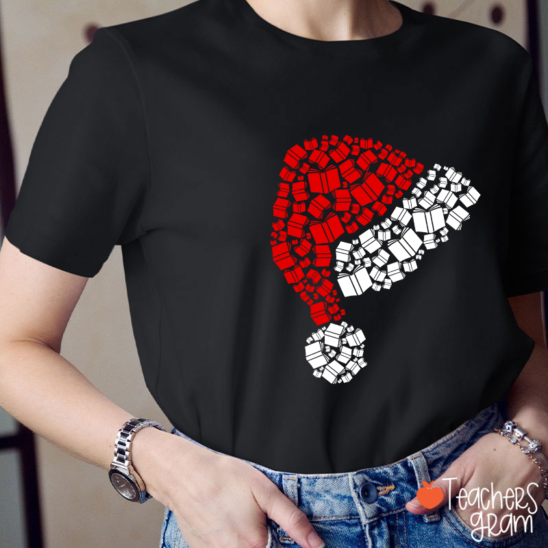 Book Christmas Hat Christmas Teacher T-Shirt
