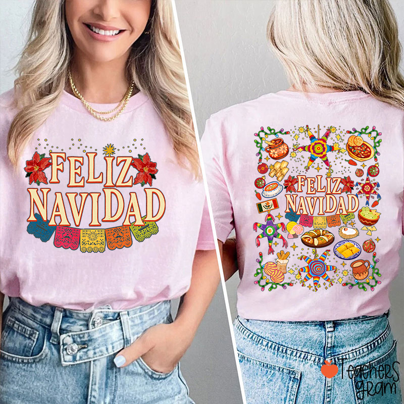 Feliz Navidad Spanish Traditional Food Spanish Teacher Two Sided T-Shirt