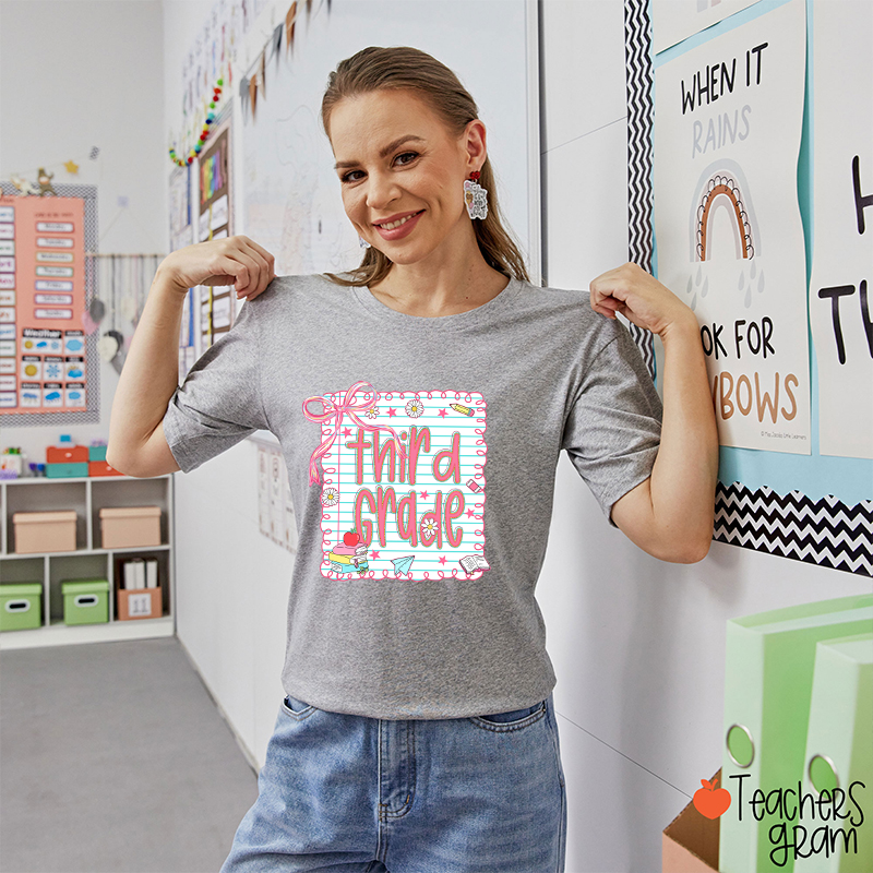 Personalized Grade Pink Bow Notebook Teacher T-Shirt