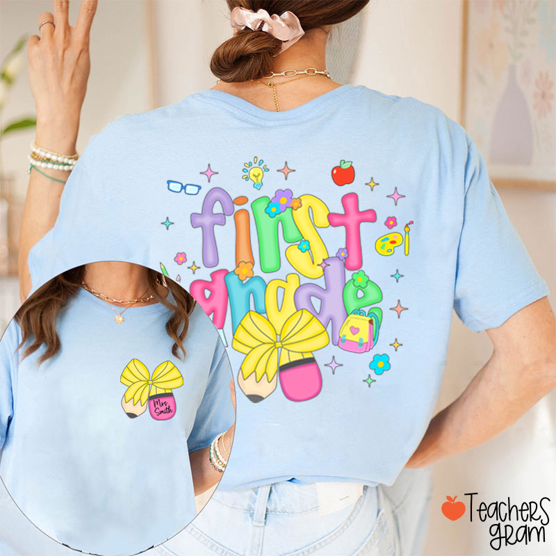 Personalized Name And Grade Pencil Bow Candy Color Fonts Teacher Two Sided T-Shirt