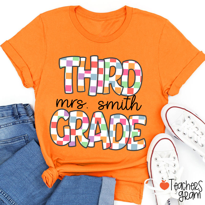 Personalized Name And Grade Checkered Fonts Teacher T-Shirt