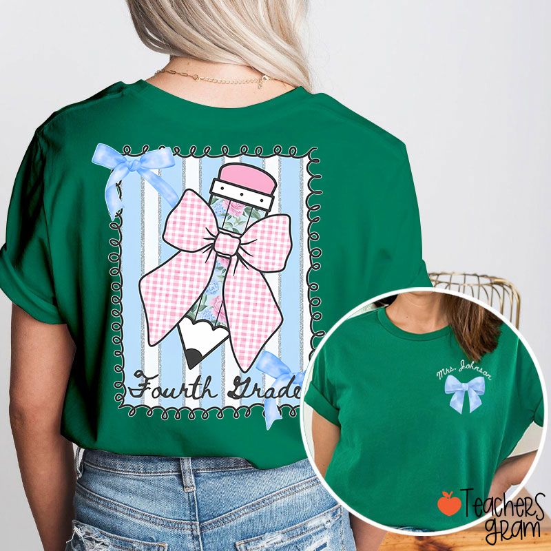 Personalized Grade And Name Flower Pencil Checkered Bow Teacher Two Sided T-Shirt