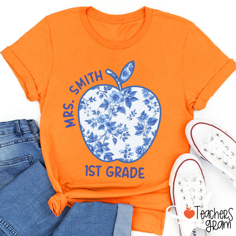 Personalized Grade And Name Blue And White Porcelain Apple Teacher T-Shirt