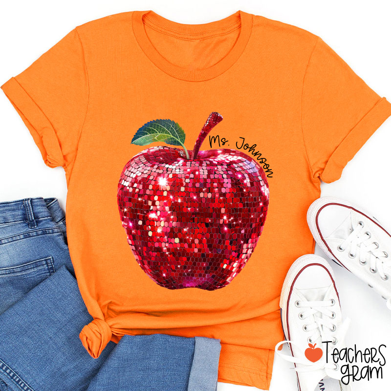 Personalized Red Glitter Apple And Name Teacher T-Shirt
