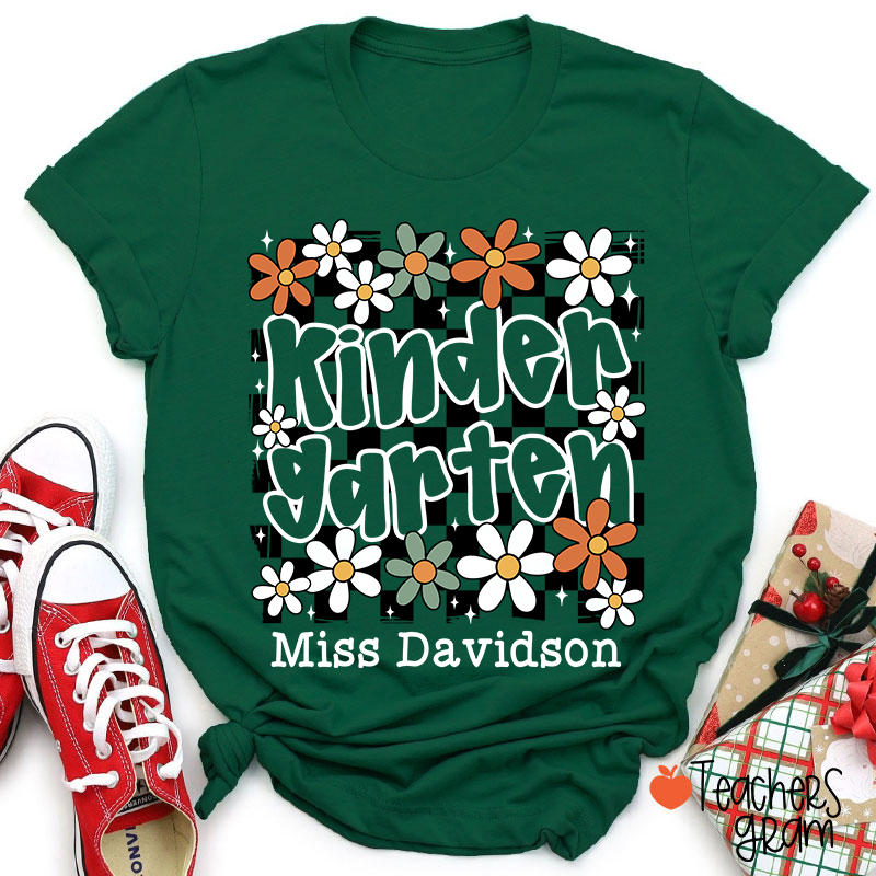 Personalized Text And Name Checkered Flowers Teacher T-Shirt