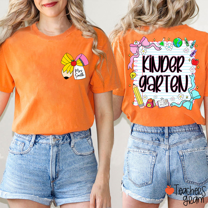 Personalized Grade And Name Pencil Bow Notebook Teacher Two Sided T-Shirt