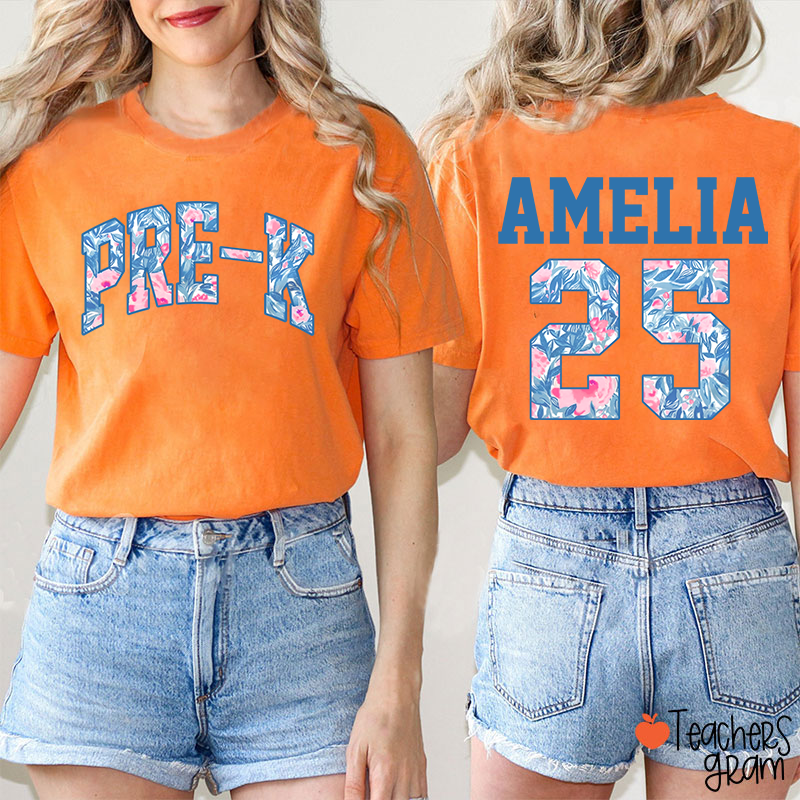 Personalized Flower And Leaf Pattern Text And Numbers Teacher Two Sided T-Shirt