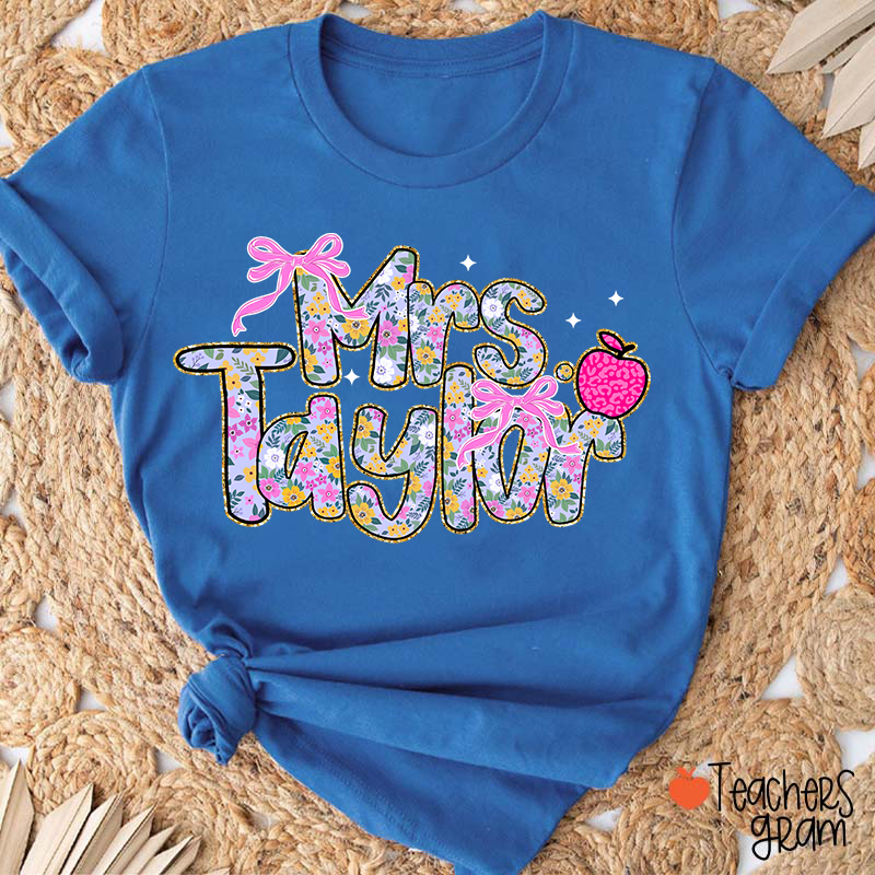 Personalized Name Apple Bow Floral Star Teacher T-Shirt