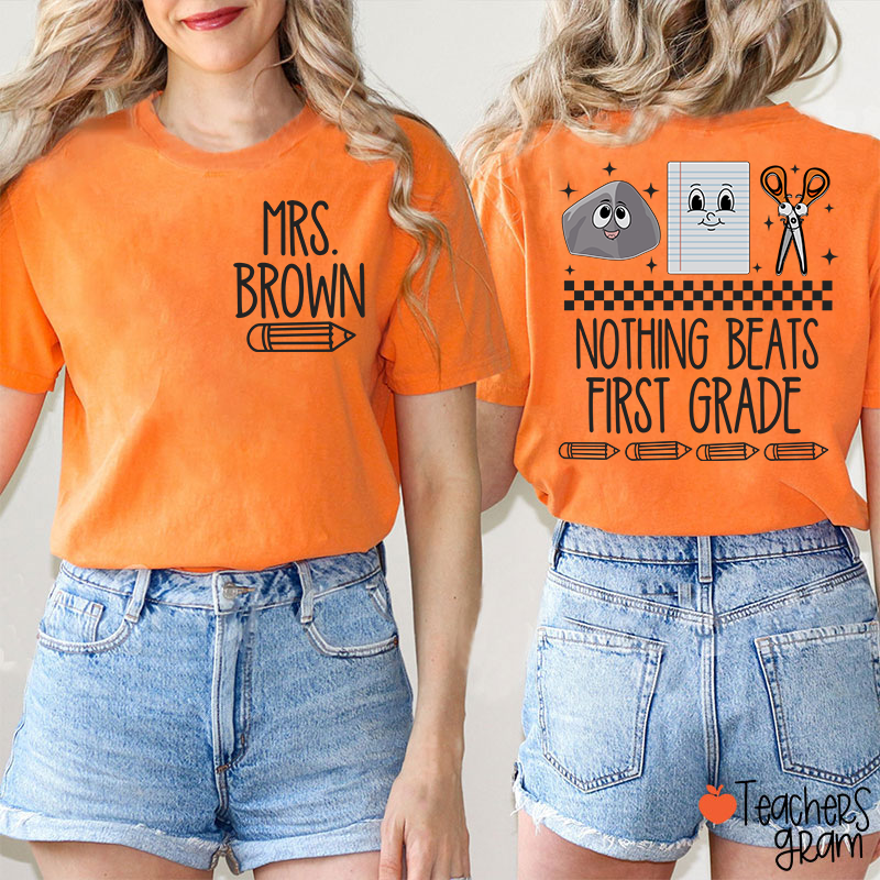 Personalized Grade Name Pencil Rock Checkerboard Notebook Scissors Teacher Two Sided T-Shirt