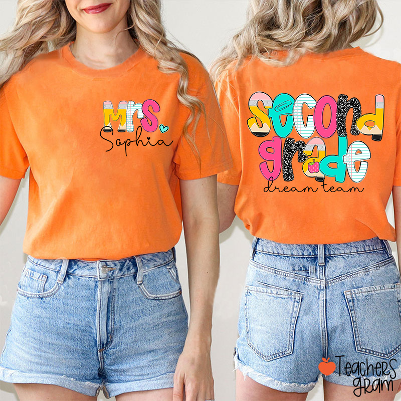 Personalized Grade And Name Pencil Notebook Teacher Two Sided T-Shirt