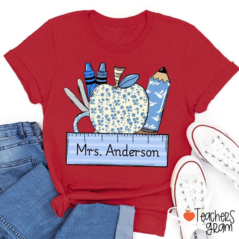 Personalized Name Blue Apple Pencil Crayon Scissors Ruler Teacher T-Shirt