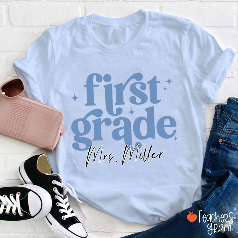 Personalized Grade Name Monochrome Stars Teacher T-Shirt