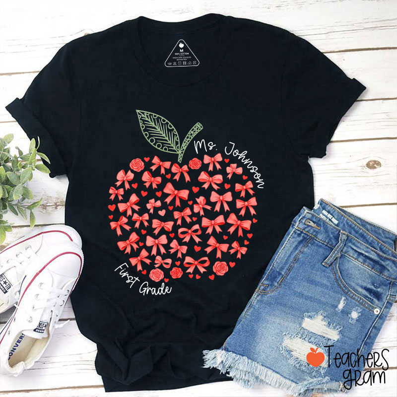 Personalized Name Or Grade Bow Apple Teacher T-Shirt