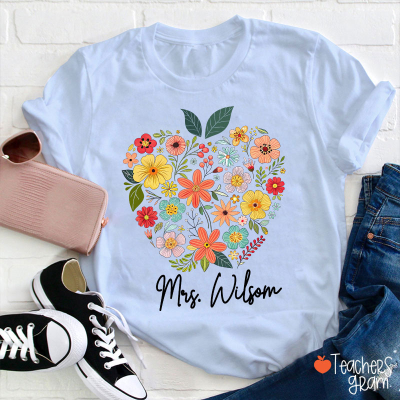 Personalized Floral Apple Name Teacher T-Shirt