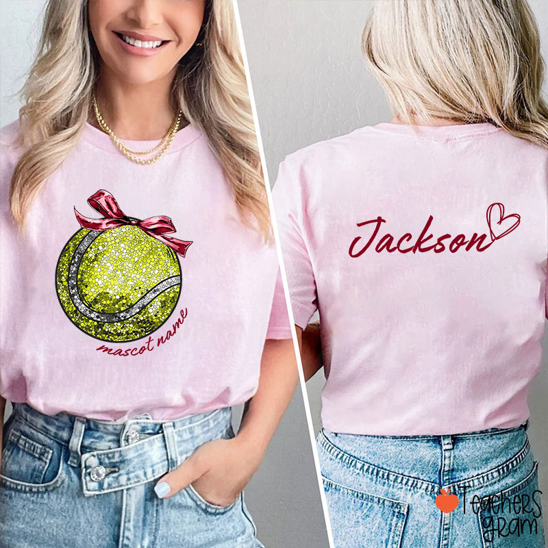 Personalized Mascot And Sport Faux Glitter Coquette Bow Teacher Two Sided T-Shirt