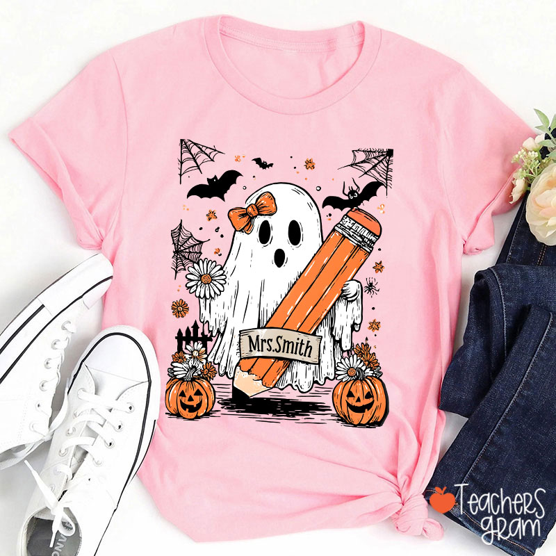 Personalized Name Cute Ghost Floral Halloween Teacher T-Shirt