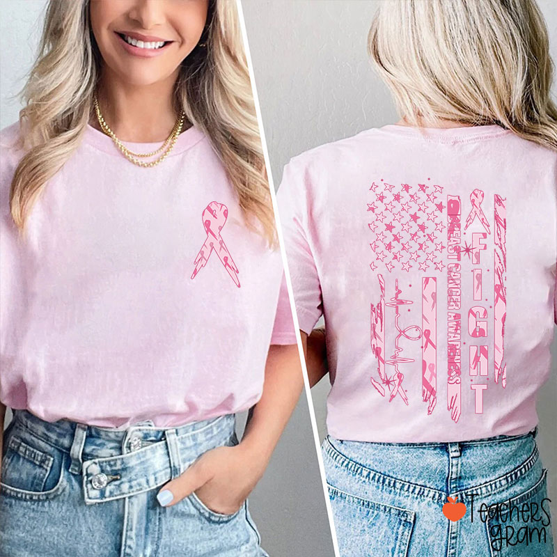 Pink Ribbon Fight Breast Cancer Awareness Teacher Two Sided T-Shirt