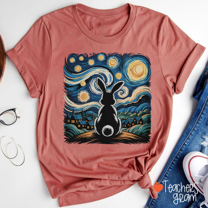 Starry Night Van Gogh Rabbit Teacher T-Shirt