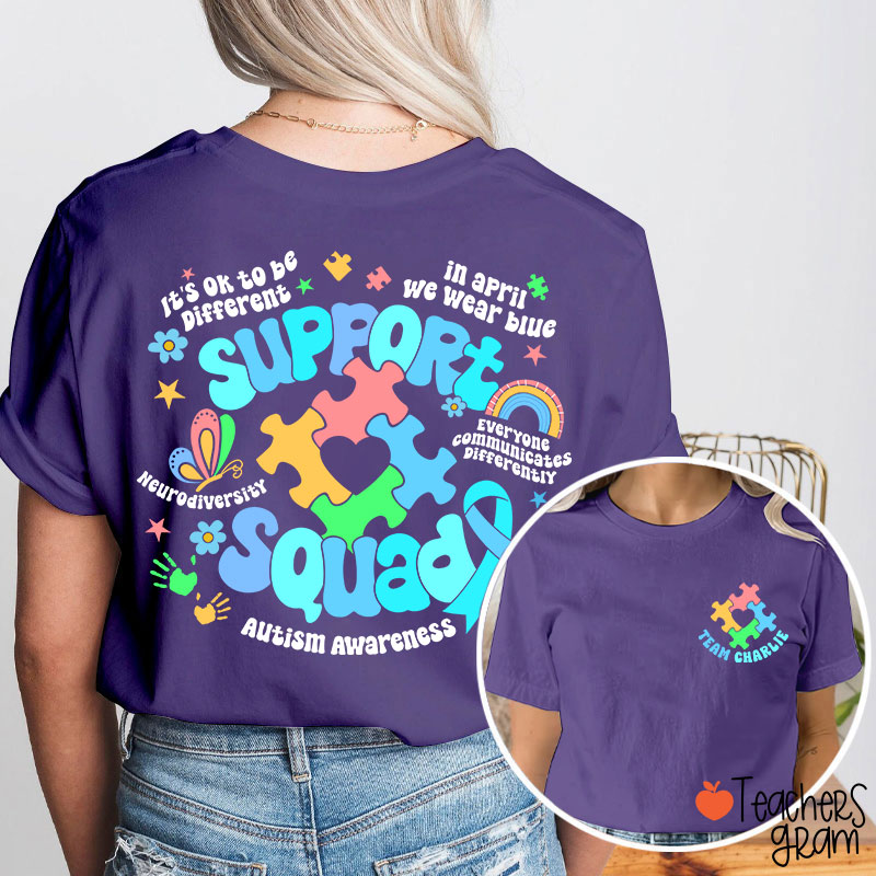 Personalized Name Autism Awareness Support Squad Teacher Two Sided T-Shirt