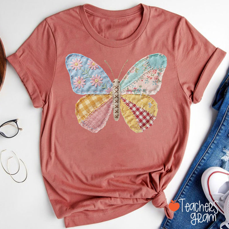 Faux Patchwork Butterfly Teacher T-Shirt