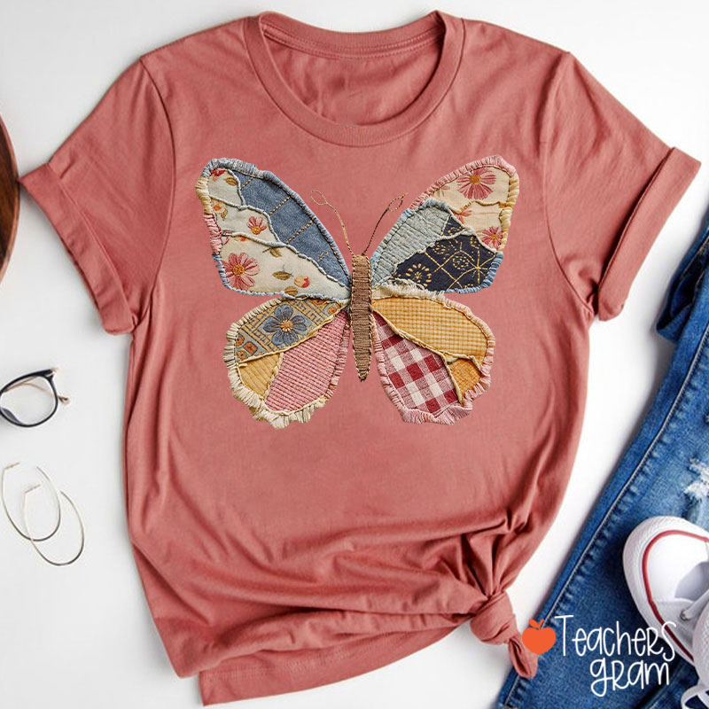 Faux Patchwork Butterfly Teacher T-Shirt