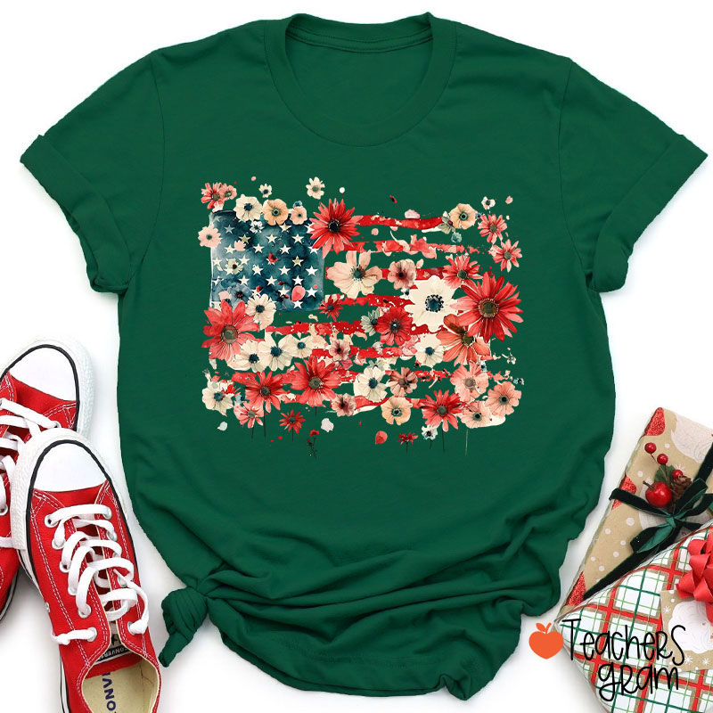 American Flag Floral Teacher T-Shirt
