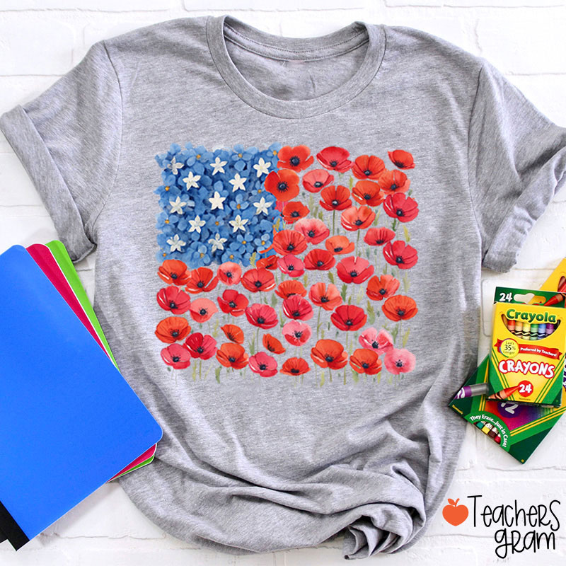 Floral USA Flag 250th Anniversary Teacher T-Shirt