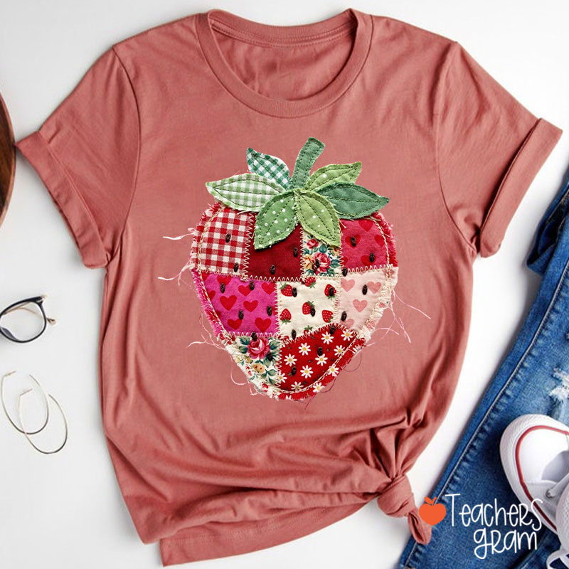 Faux Patchwork Strawberry Teacher T-Shirt