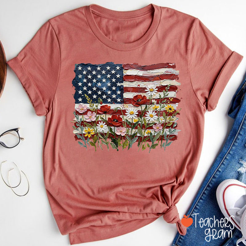 American Flag Floral Teacher T-Shirt