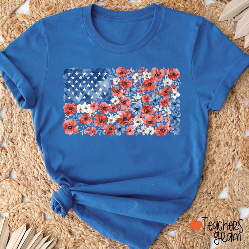 Vintage Floral USA Flag Teacher T-Shirt