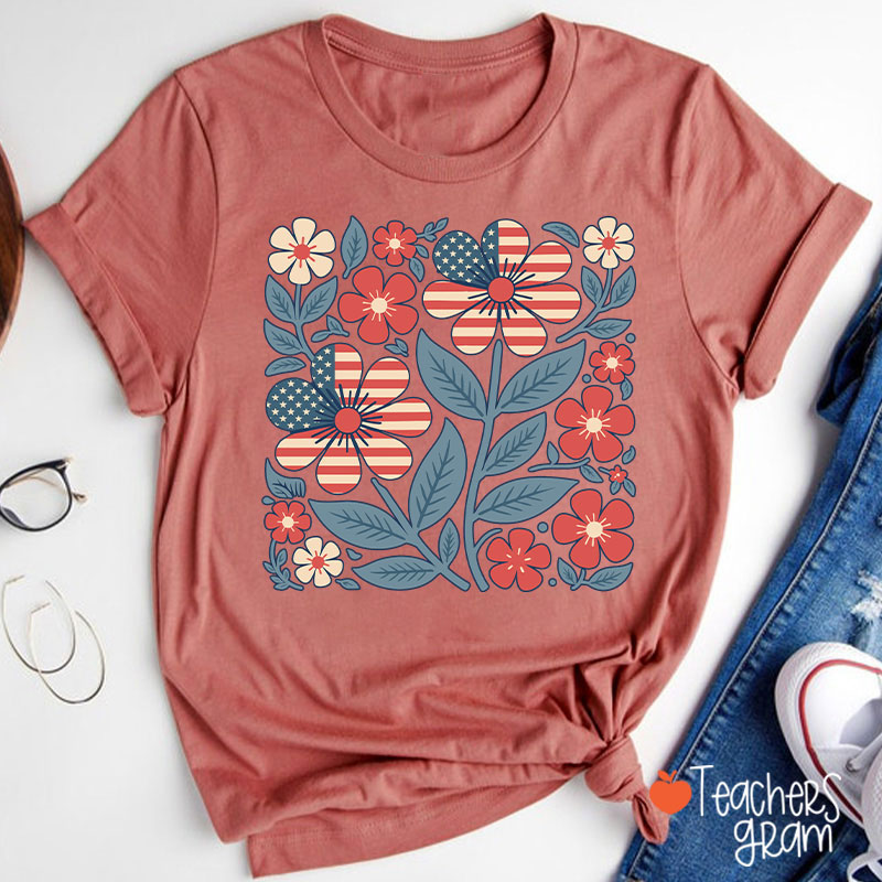 Boho Patriotic Daisy Teacher T-Shirt