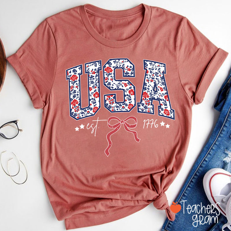 Floral USA Coquette Patriotic Teacher T-Shirt