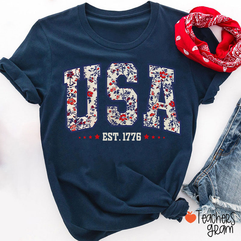Retro Floral USA Teacher T-Shirt