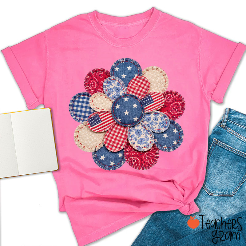 Faux Patchwork American Flag Flower Teacher T-Shirt