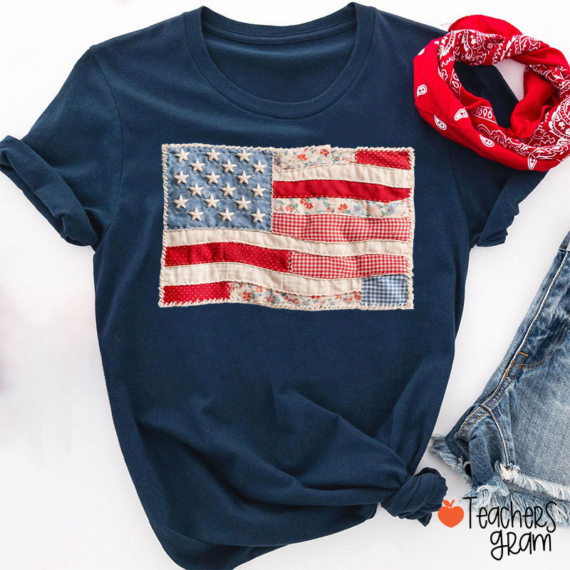 Faux Patchwork American Flag Teacher T-Shirt
