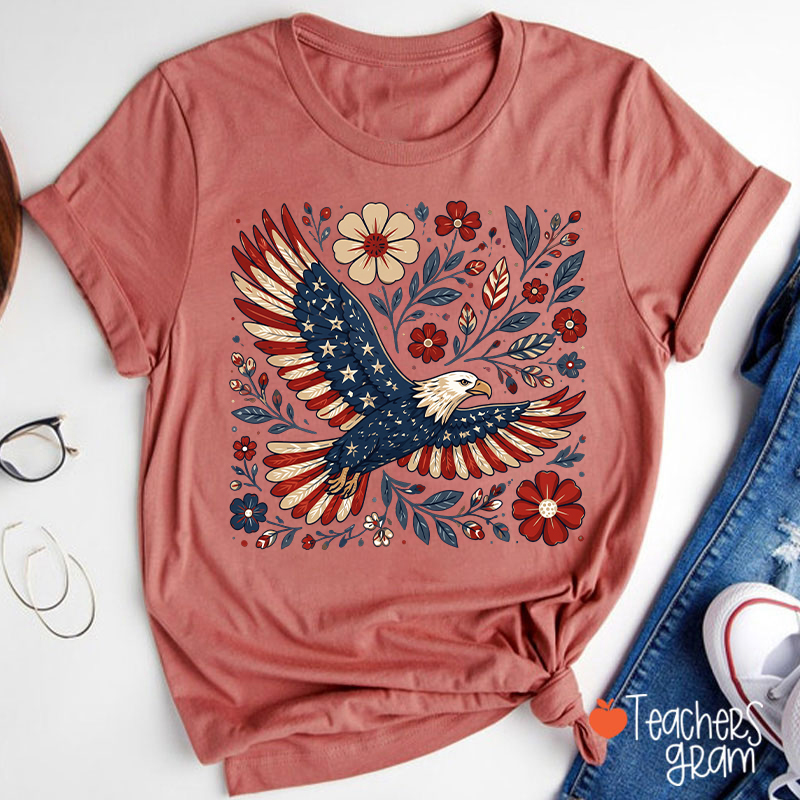 Patriotic Eagle Floral Teacher T-Shirt