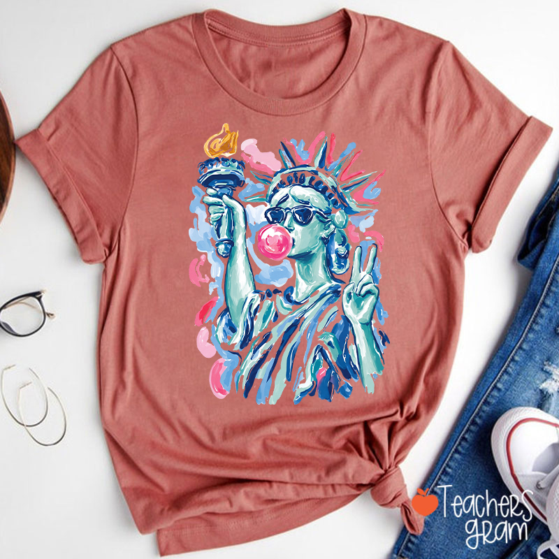Preppy Statue Of Liberty Blowing Bubble Teacher T-Shirt
