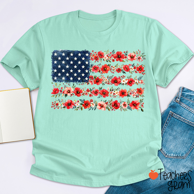 American Flag Wild Flower Teacher T-Shirt