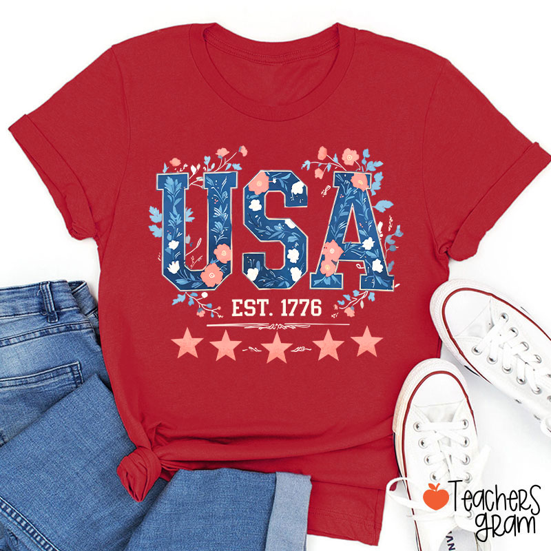 Floral USA Est 1776 Teacher T-Shirt
