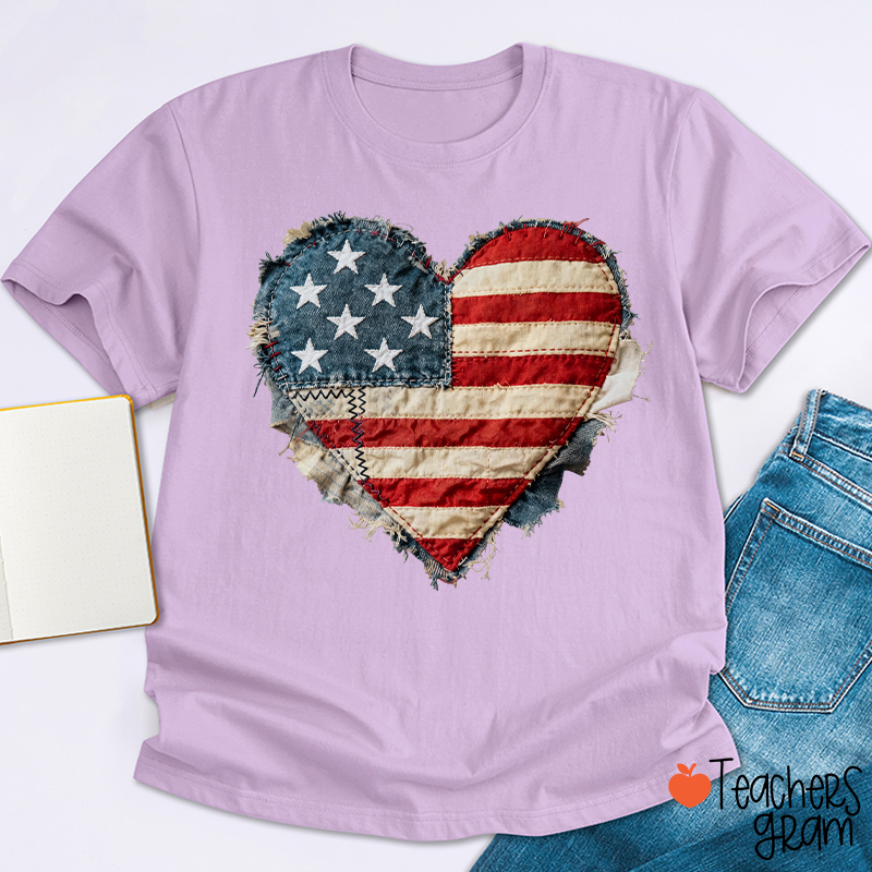 Faux Patchwork American Flag Heart Teacher T-Shirt