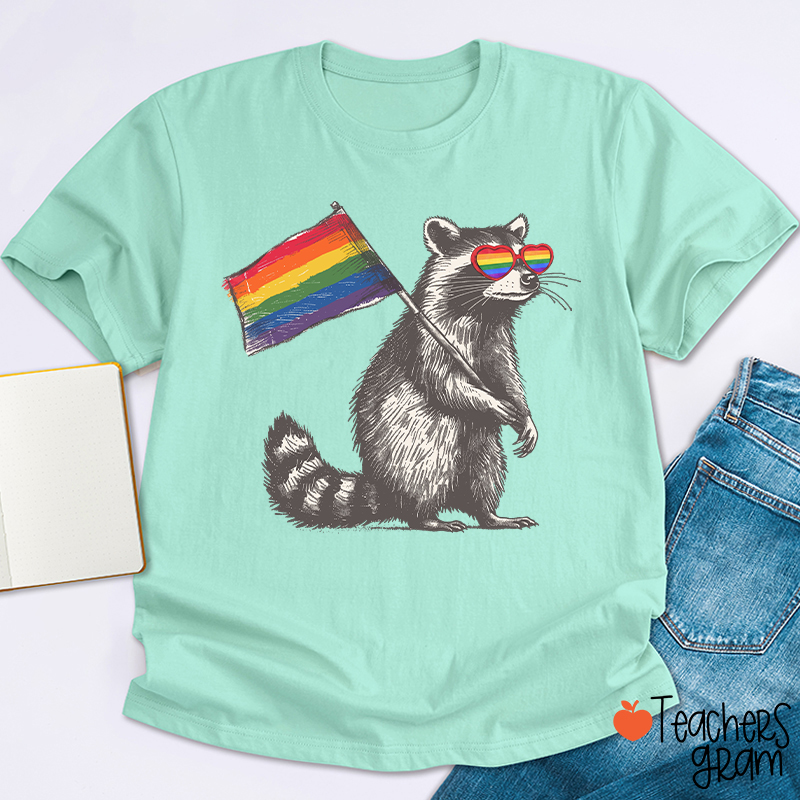 Funny Raccoon Rainbow Flag Pride Teacher T-Shirt